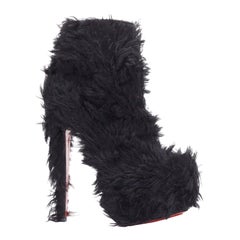 CHRISTIAN LOUBOUTIN black faux shaggy fur high heel platform boots EU36.5