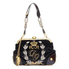 rare DOLCE GABBANA 2006 Runway black velvet gold DG logo embroidered bag