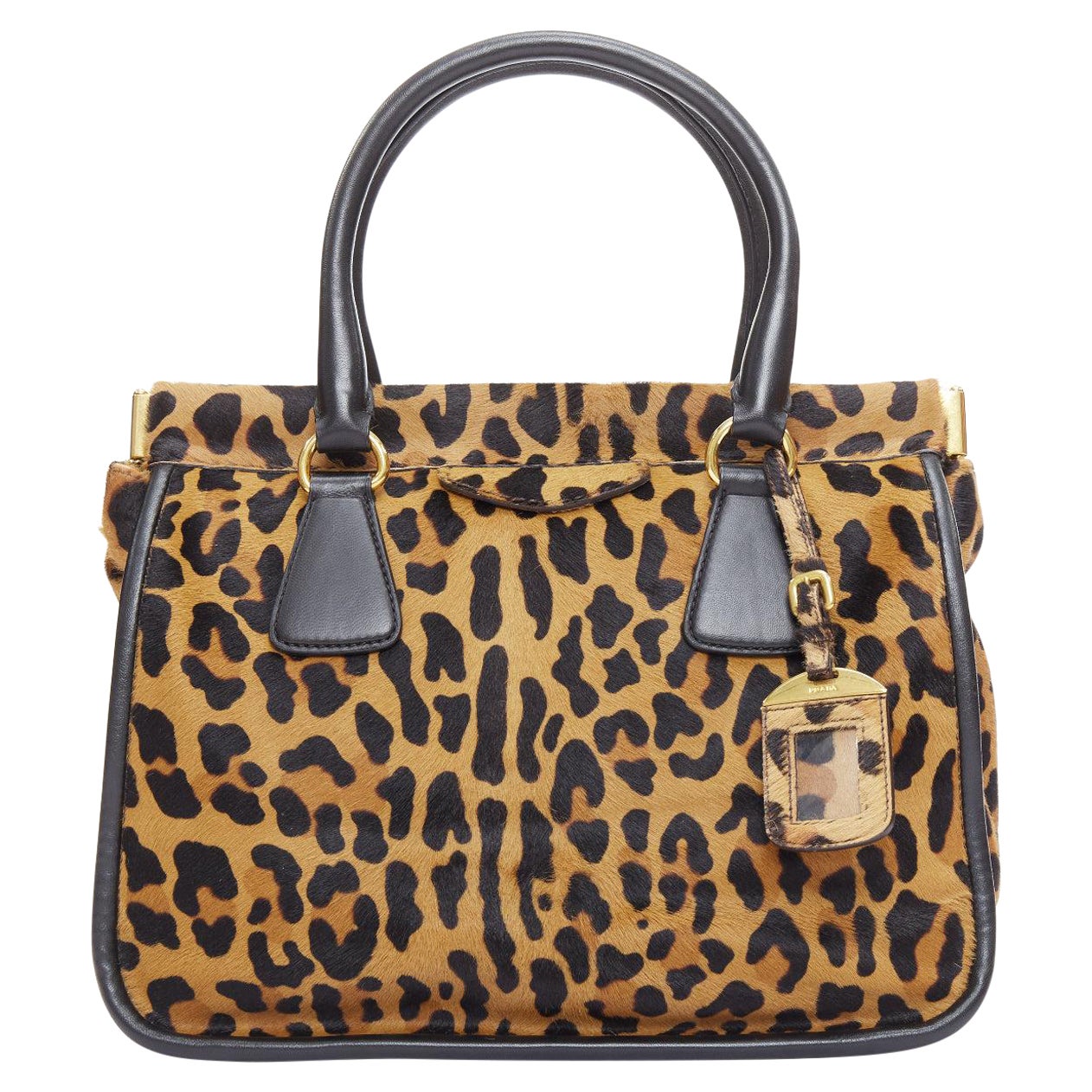 Bolso tote PRADA Vintage Cavallino marrón negro leopardo pelo de becerro marco dorado en venta