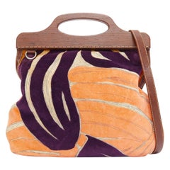 Sac à bandoulière rare de défilé MIU 2003 en velours violet pêche avec cadre en bois