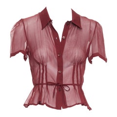 PRADA 1997 Vintage Runway burgundy silk sheer tie belt blouse top IT40 S