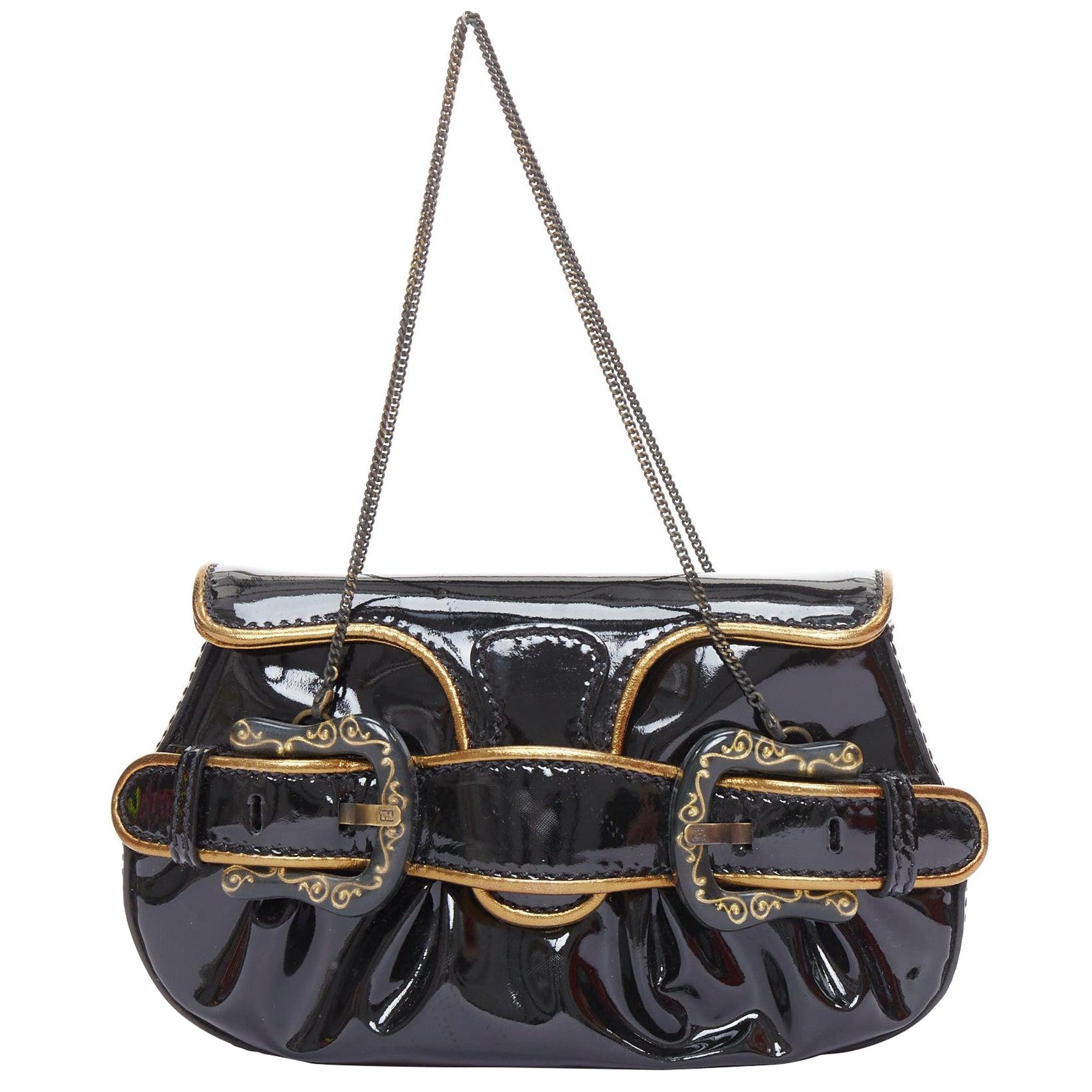 FENDI Mini B black patent baroque FF buckle underarm clutch bag For Sale