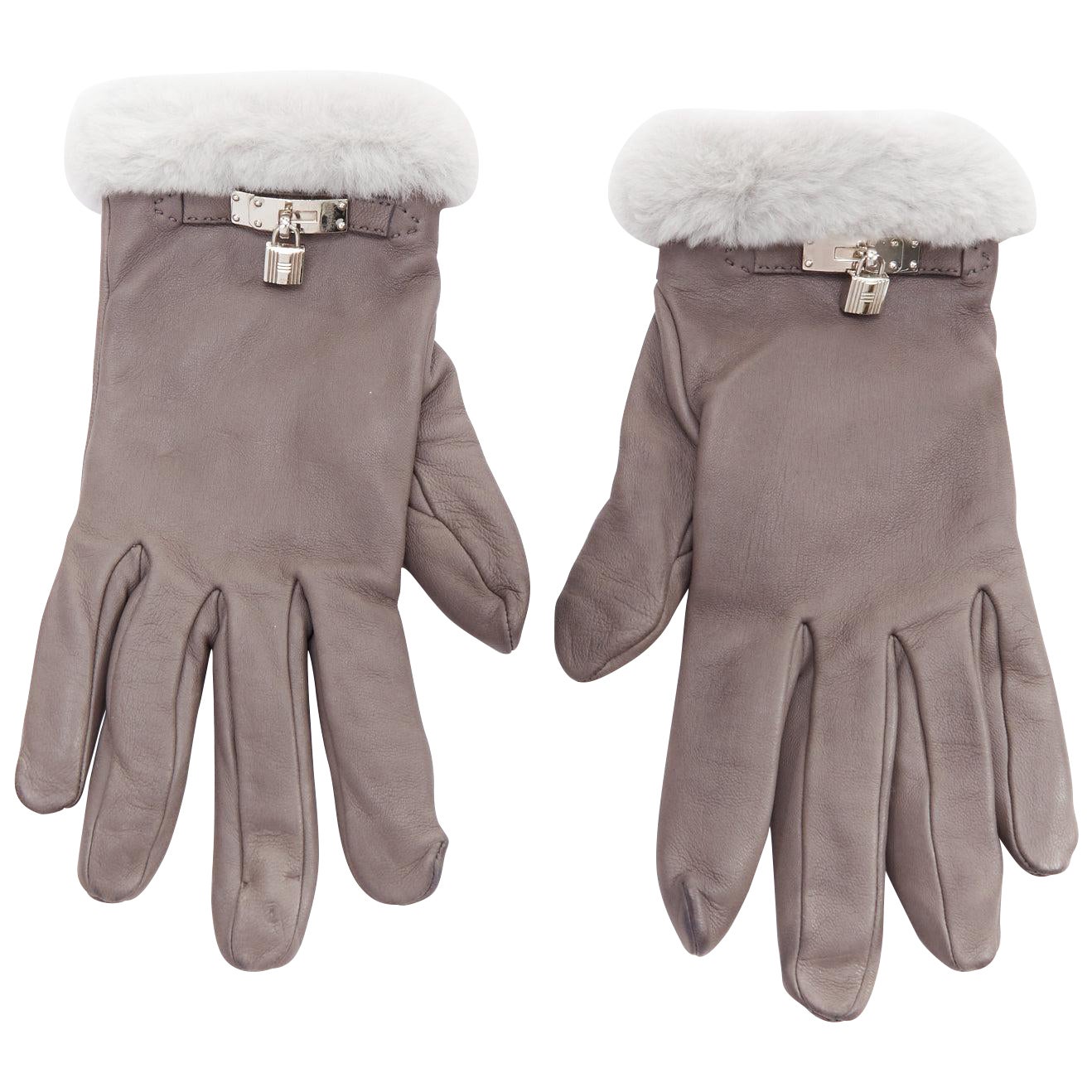 Guanti HERMES Princesse in pelle grigia swift hardware argento H lock Sz7 in vendita