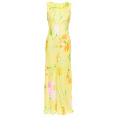 rare DONNA KARAN Vintage yellow floral print ruffle collar maxi dress