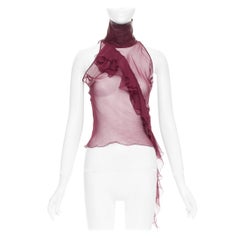 PATRIZIA PEPE burgundy leather collar silk ruffle chiffon top IT42 M
