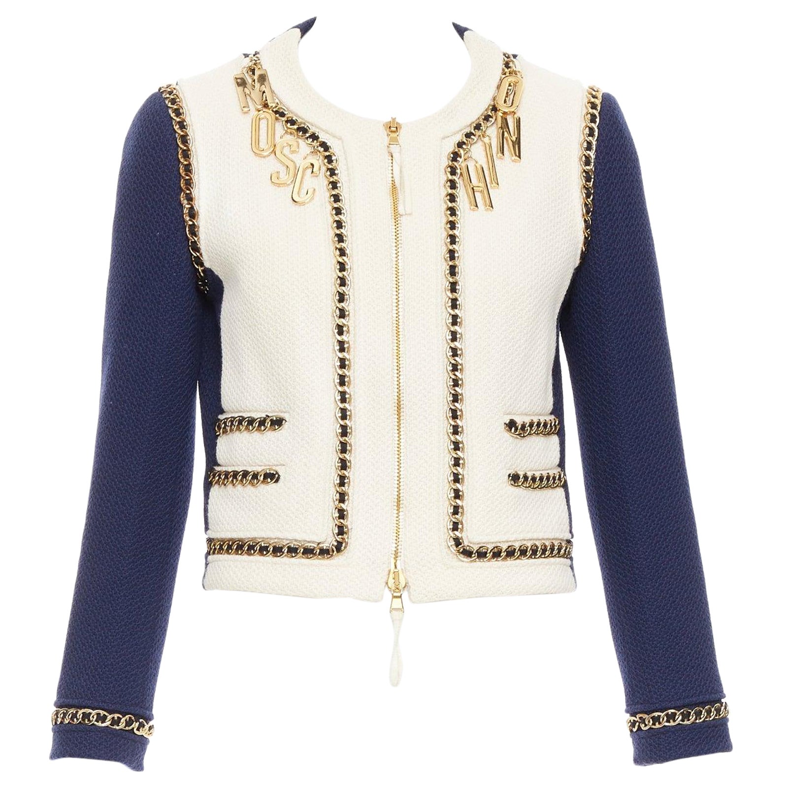 MOSCHINO navy white gold logo charm chain cream tweed jacket IT40 S