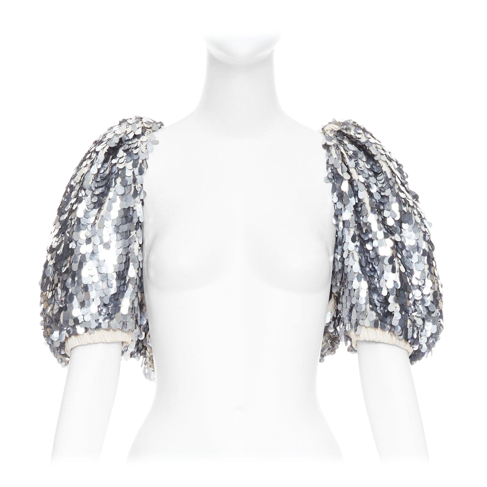 LANVIN 2008 Runway silver droplet pailettes sequin puff sleeve cropped jacket For Sale