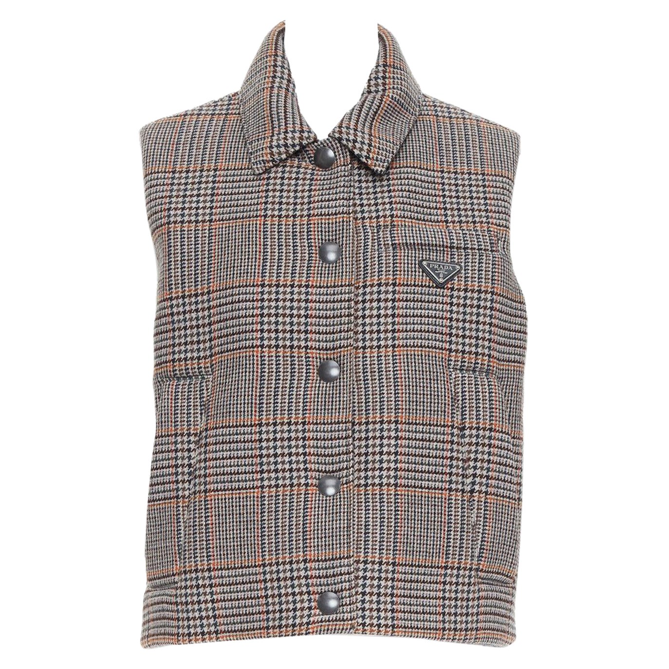 PRADA 2021 gilet puffer in lana e cashmere a pied de poule con logo IT42 M.