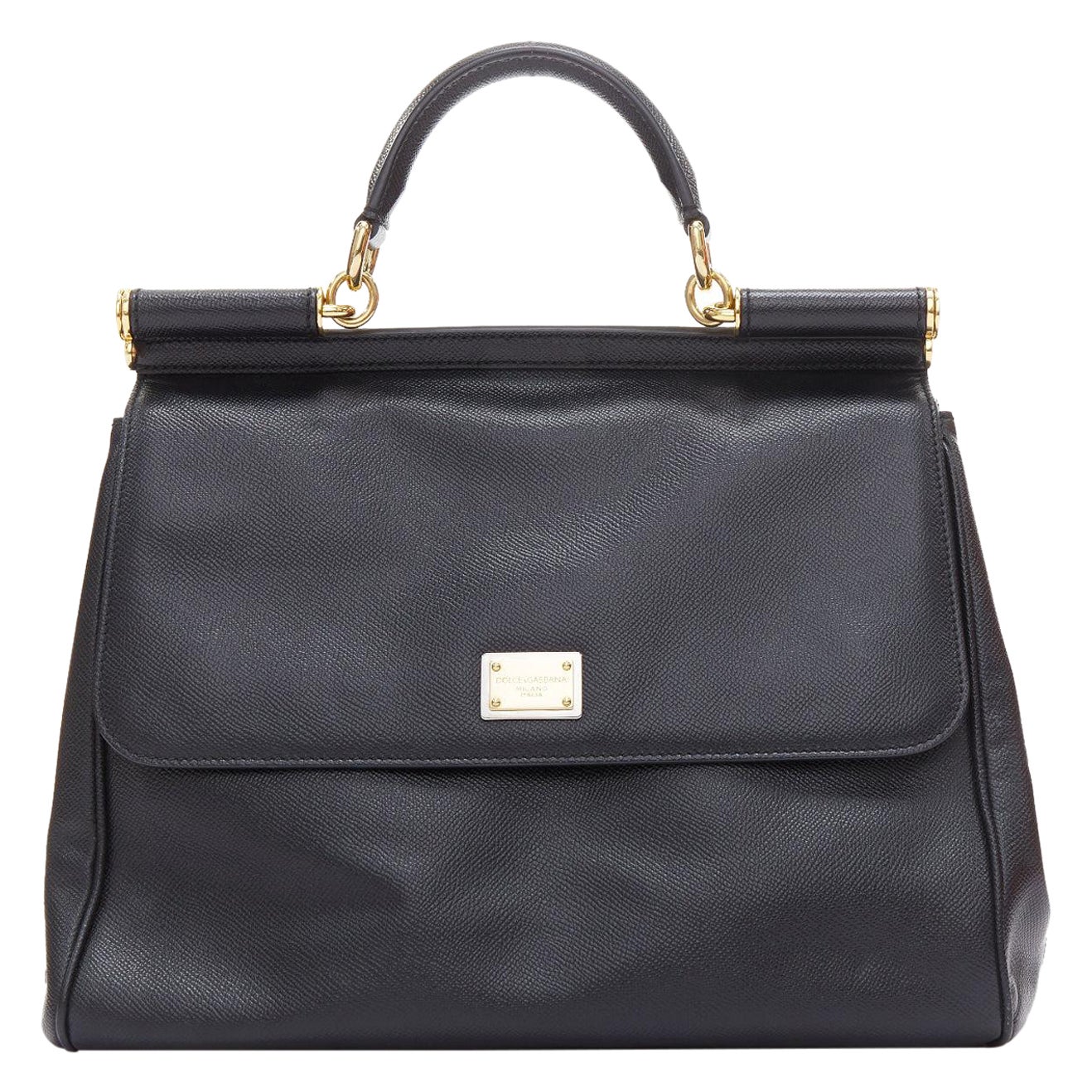 DOLCE GABBANA Sicily classic black grained leather gold hardware bag For Sale