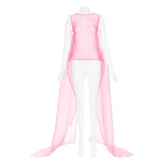 Dries van Noten 100% seta rosa, girocollo, cravatta, top lungo e trasparente FR36 S