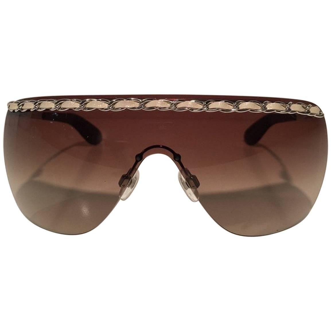 Chanel Brown Shield Braided Leather Sunglasses For Sale