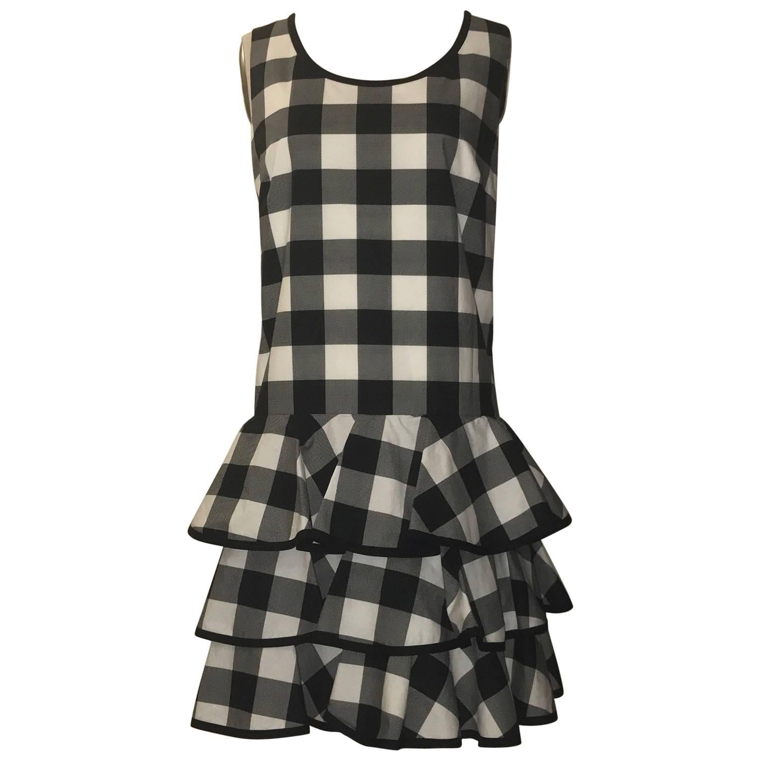 Dolce & Gabbana New With Tags Black White Check Ruffle Tiered Skirt Sun Dress