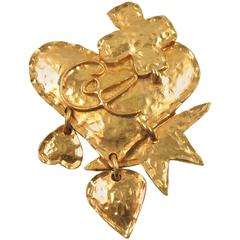 Christian Lacroix Paris Signed Large Gilt Metal Heart Pin Brooch with Charms