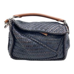 Loewe Puzzle Small Leather Woven Braided Navy Crossbody Bag