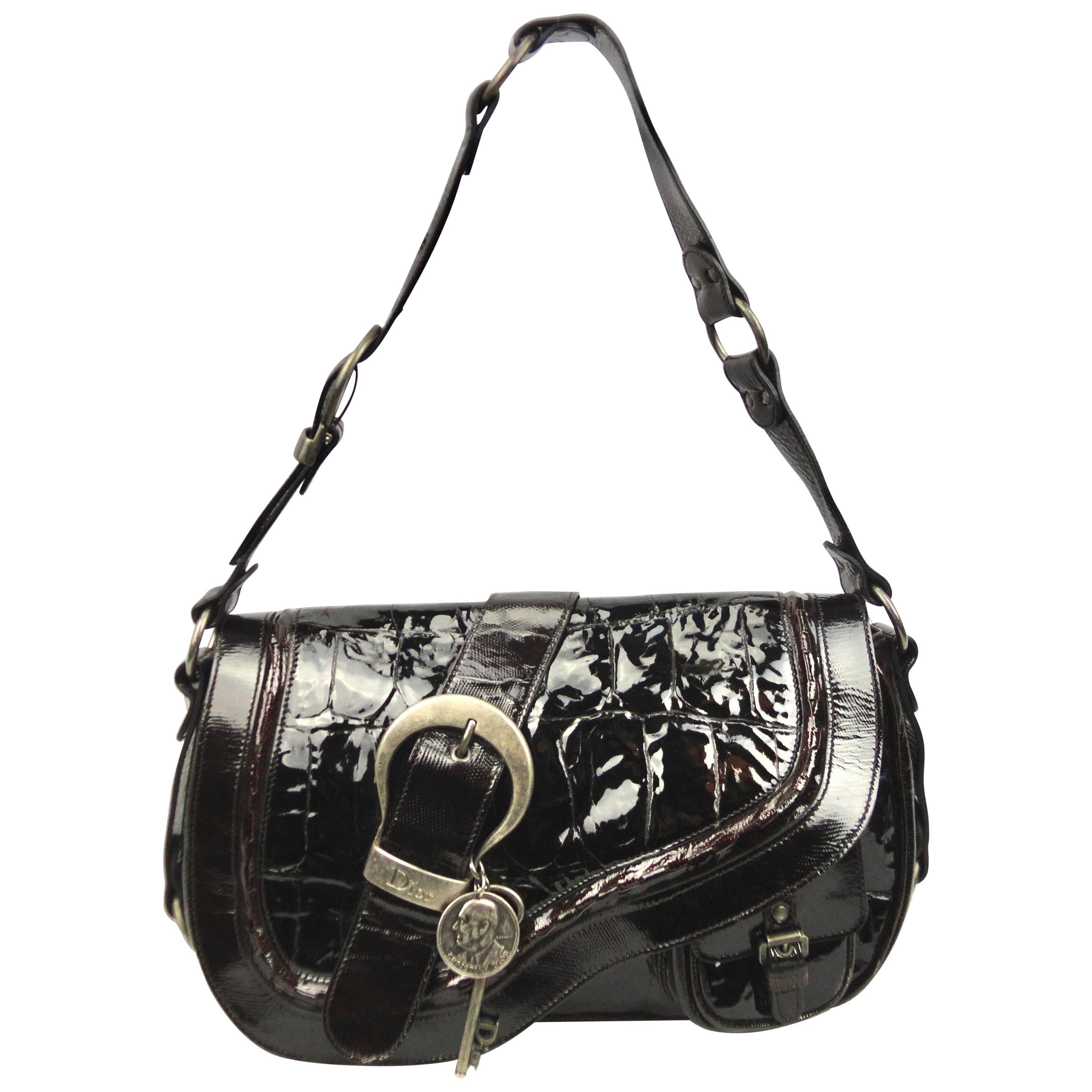 Christian Dior Croc Embossed Patent Leather Gaucho Bag