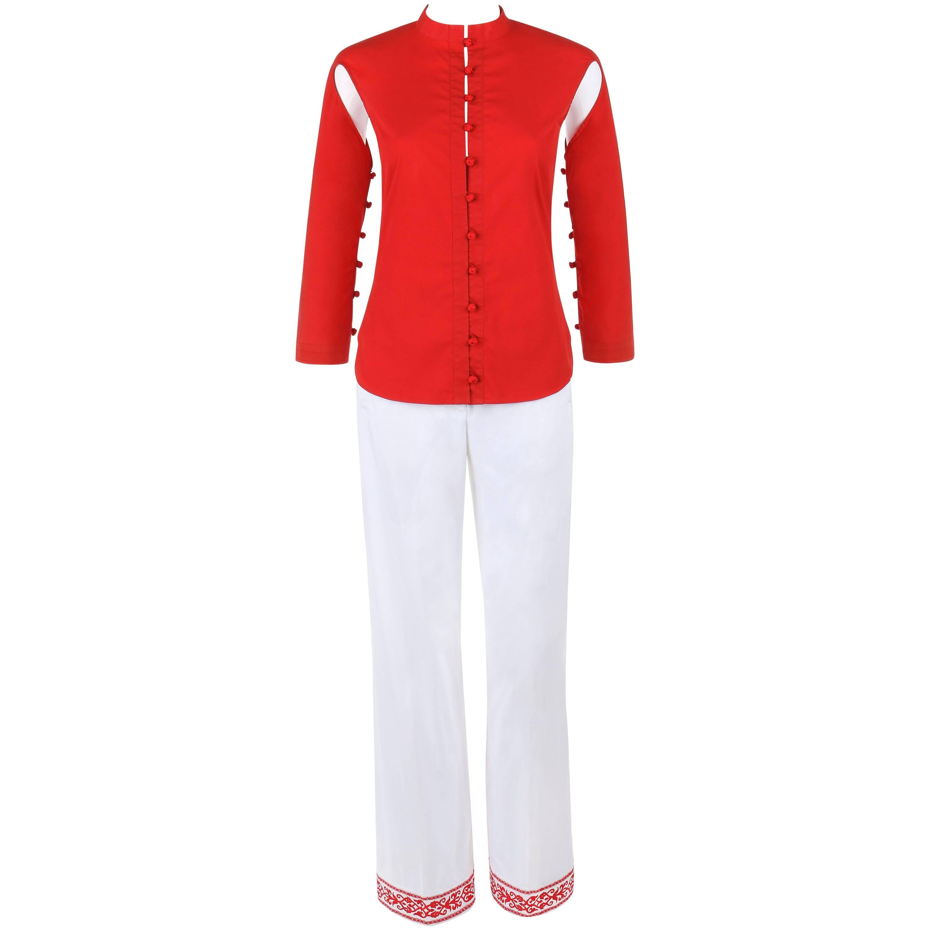 ALEXANDER McQUEEN S/S 2000 "Eye" 2 Pc Red Cutout Top White Embroidered Pants Set For Sale