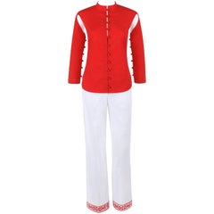 ALEXANDER McQUEEN S/S 2000 "Eye" 2 Pc Red Cutout Top White Embroidered Pants Set