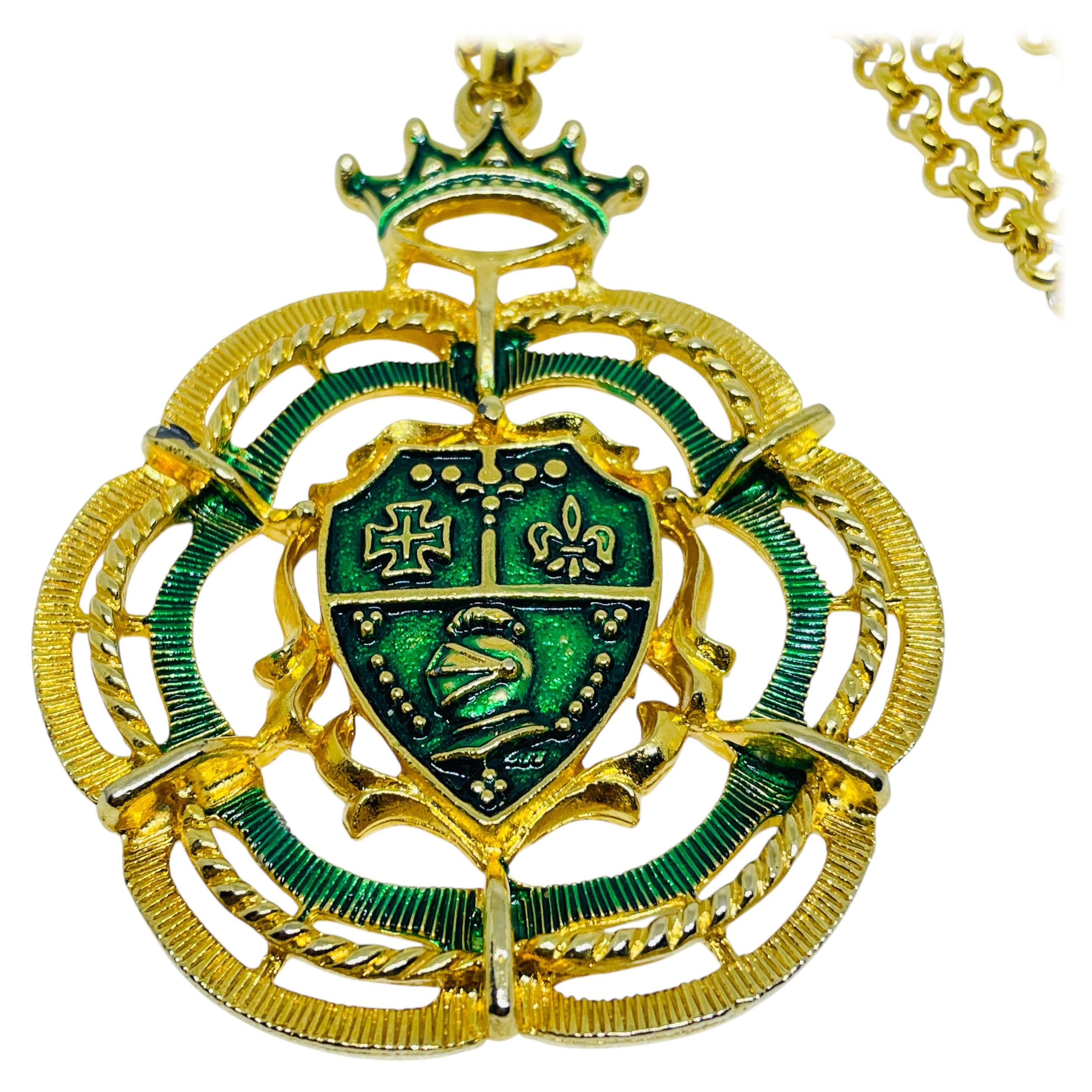 Vintage gold tone green enamel long chain designer necklace For Sale