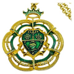 Vintage gold tone green enamel long chain designer necklace