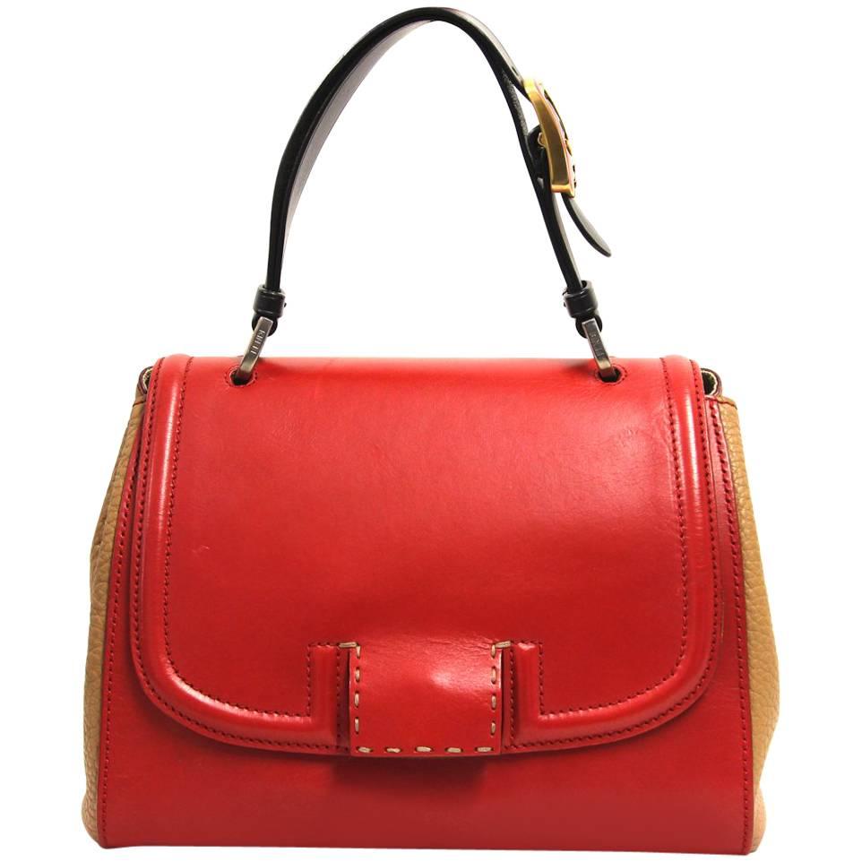 2000s Fendi Silvana Red and Caramel Leather Tote Bag