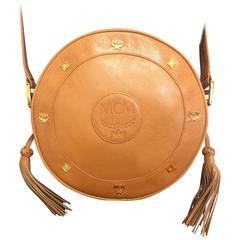 MINT. Vintage MCM brown grained leather logo studs round shoulder bag. Suzy Wong