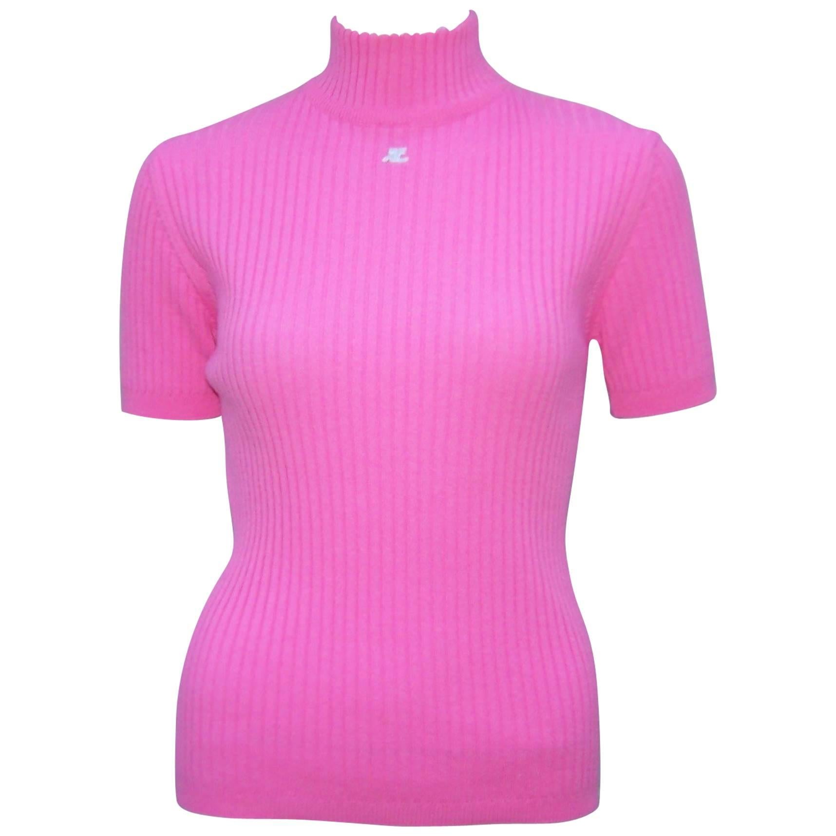 Mod 1990's Courreges Hot Pink Turtleneck Sweater Top