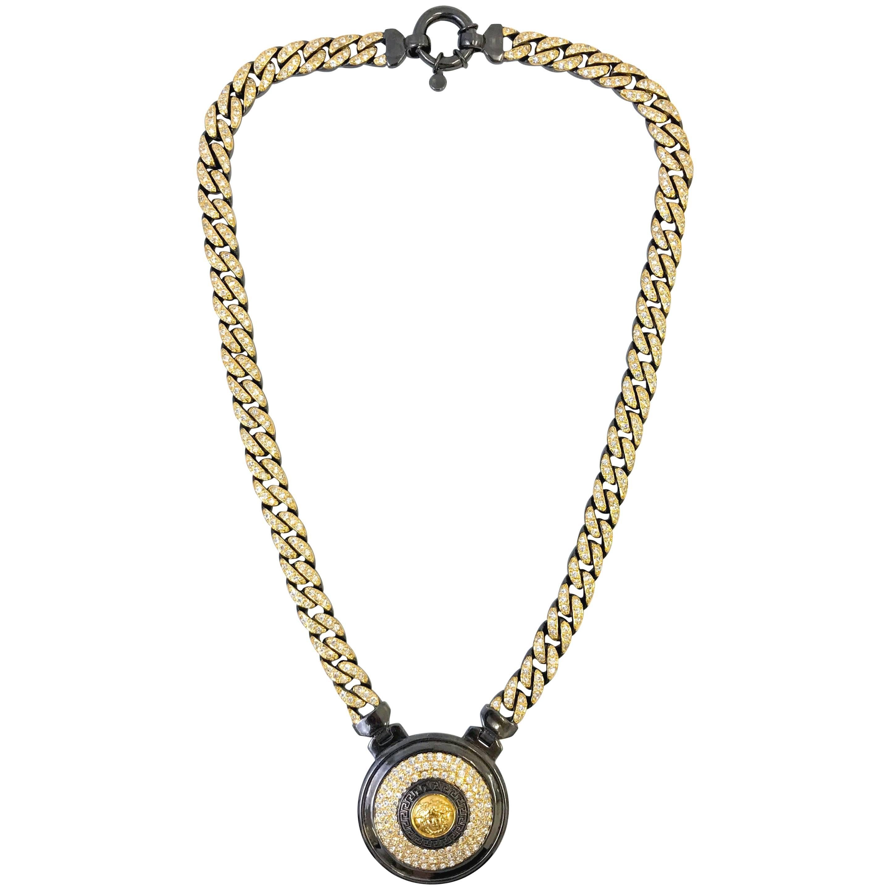 1990s Gianni Versace gunmetal and gold tone medallion chain   For Sale