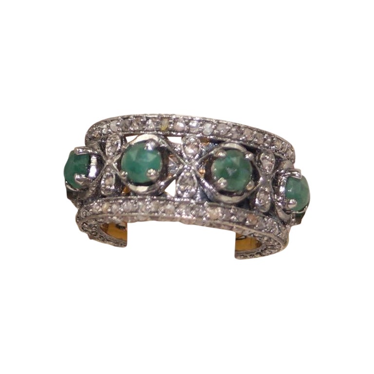 Certified Natural pave diamond emerald 925 silver gold plated eternity band ring For Sale