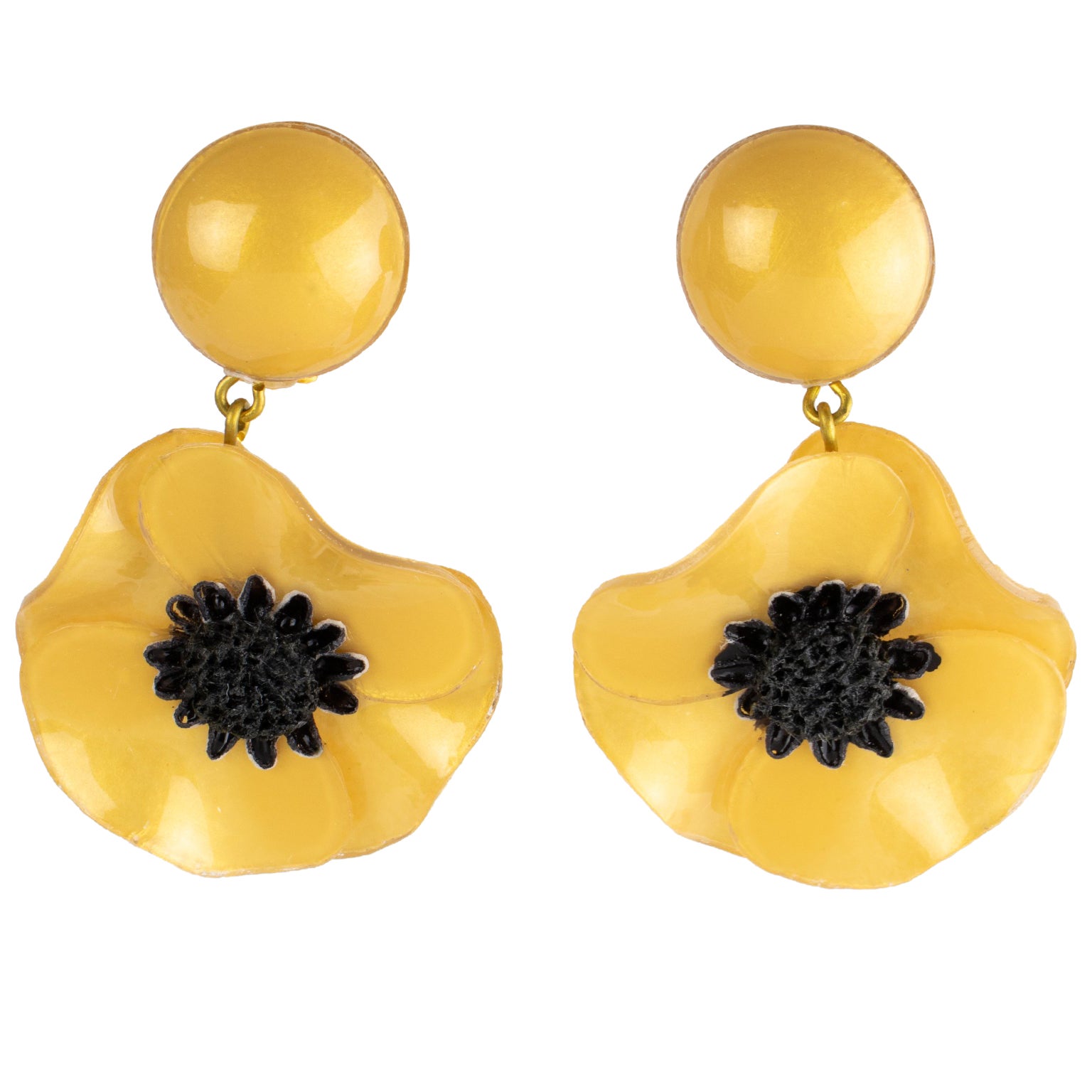 Cilea Paris - Boucles d'oreilles pendantes à clip en résine - Fleur de pavot jaune