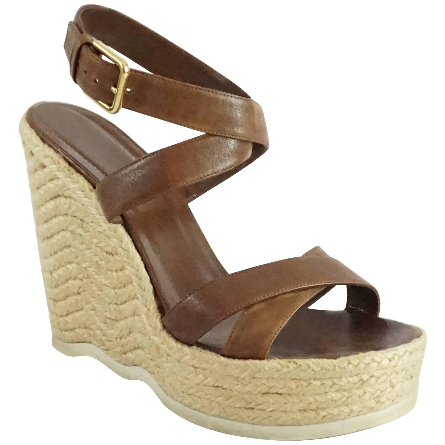 YSL Brown Leather Ankle Strap Straw Wedges - 41 For Sale