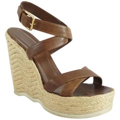 YSL Brown Leather Ankle Strap Straw Wedges - 41