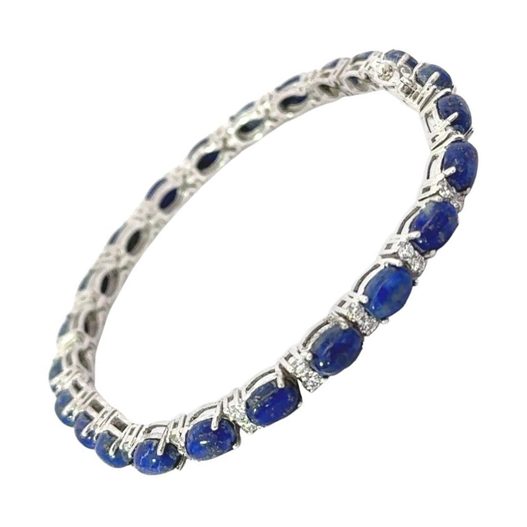 Vintage Style Prong Set 19.55 Ct Lapis Lazuli CZ Tennis Silver Bracelet for Her For Sale