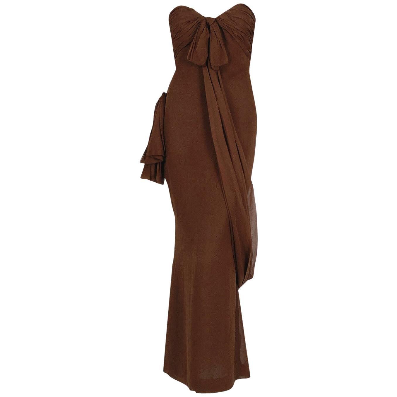 1987 Yves Saint Laurent Haute-Couture Mocha Brown Silk Strapless Sculpted Gown