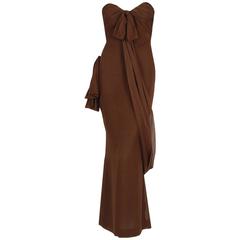 1987 Yves Saint Laurent Haute-Couture Mocha Brown Silk Strapless Sculpted Gown