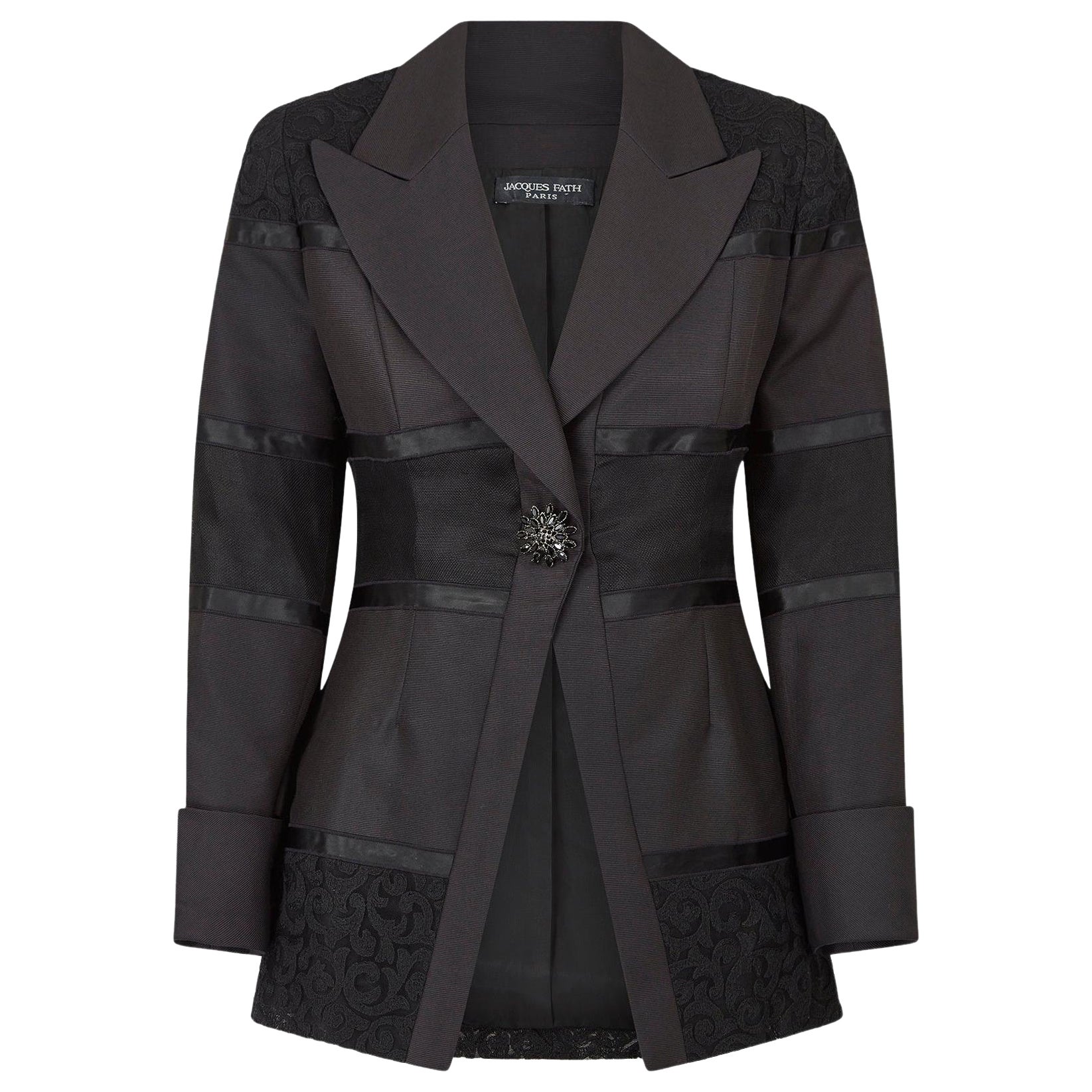 1998 Runway Jacques Fath Black Silk Lacework Jacket For Sale