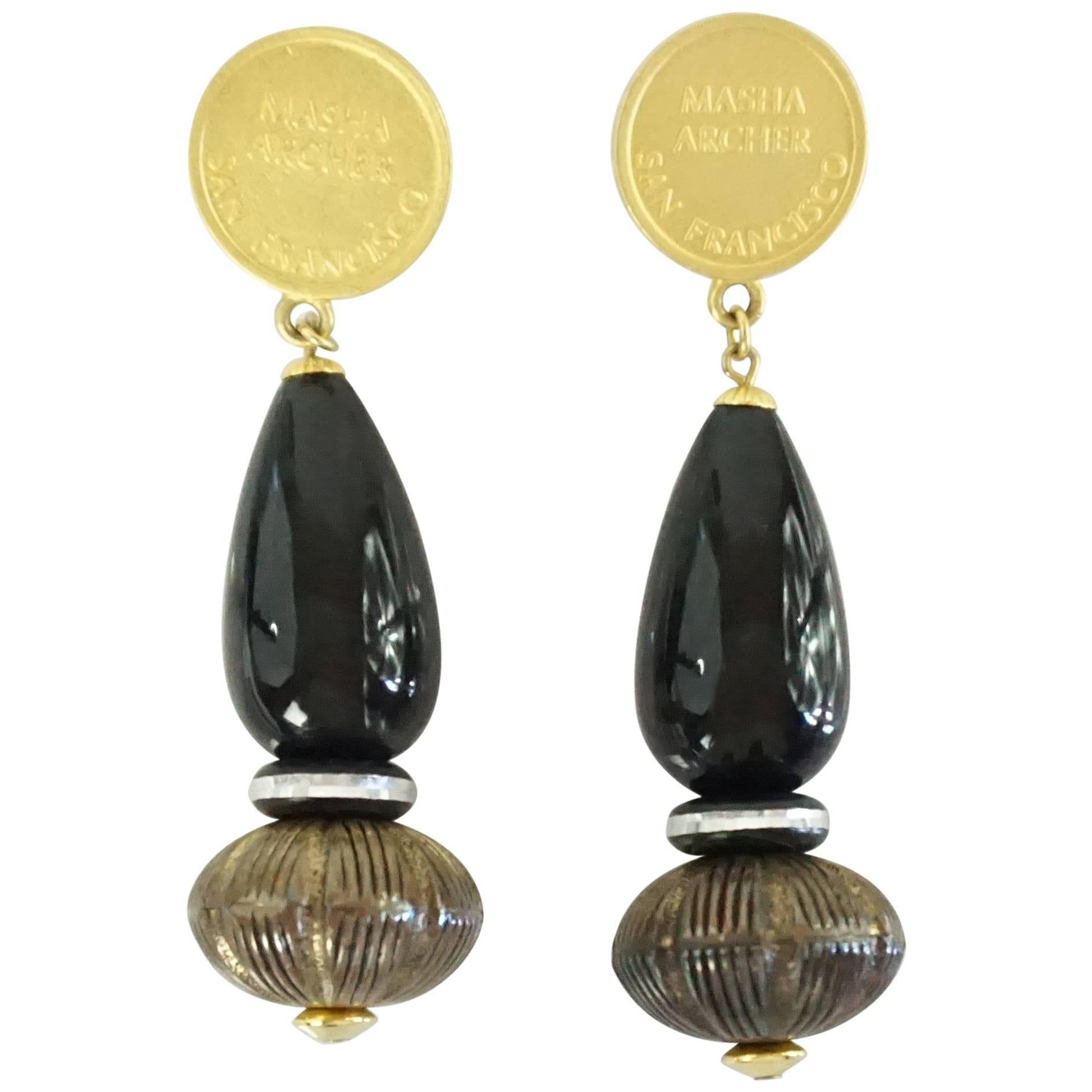 Masha Archer Black Drop Earrings with Lucite and Coin