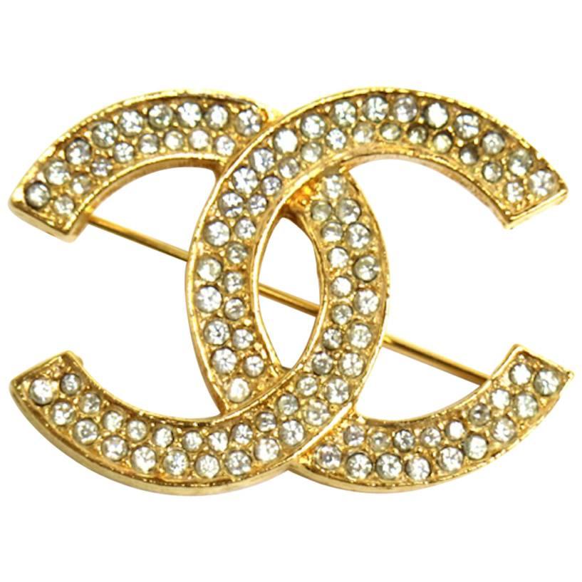 Chanel Vintage Gold Double Tour Rhinestone CC Evening Pin Brooch 