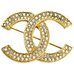 Chanel Vintage Gold Double Tour Rhinestone CC Evening Pin Brooch 2