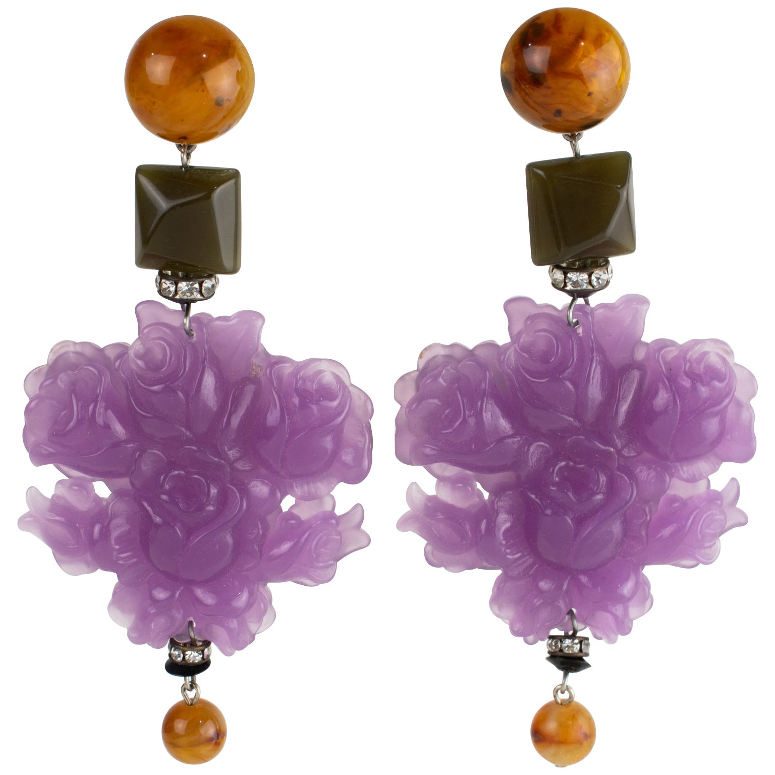 Angela Caputi Giant Lavender Flower Resin Earrings For Sale
