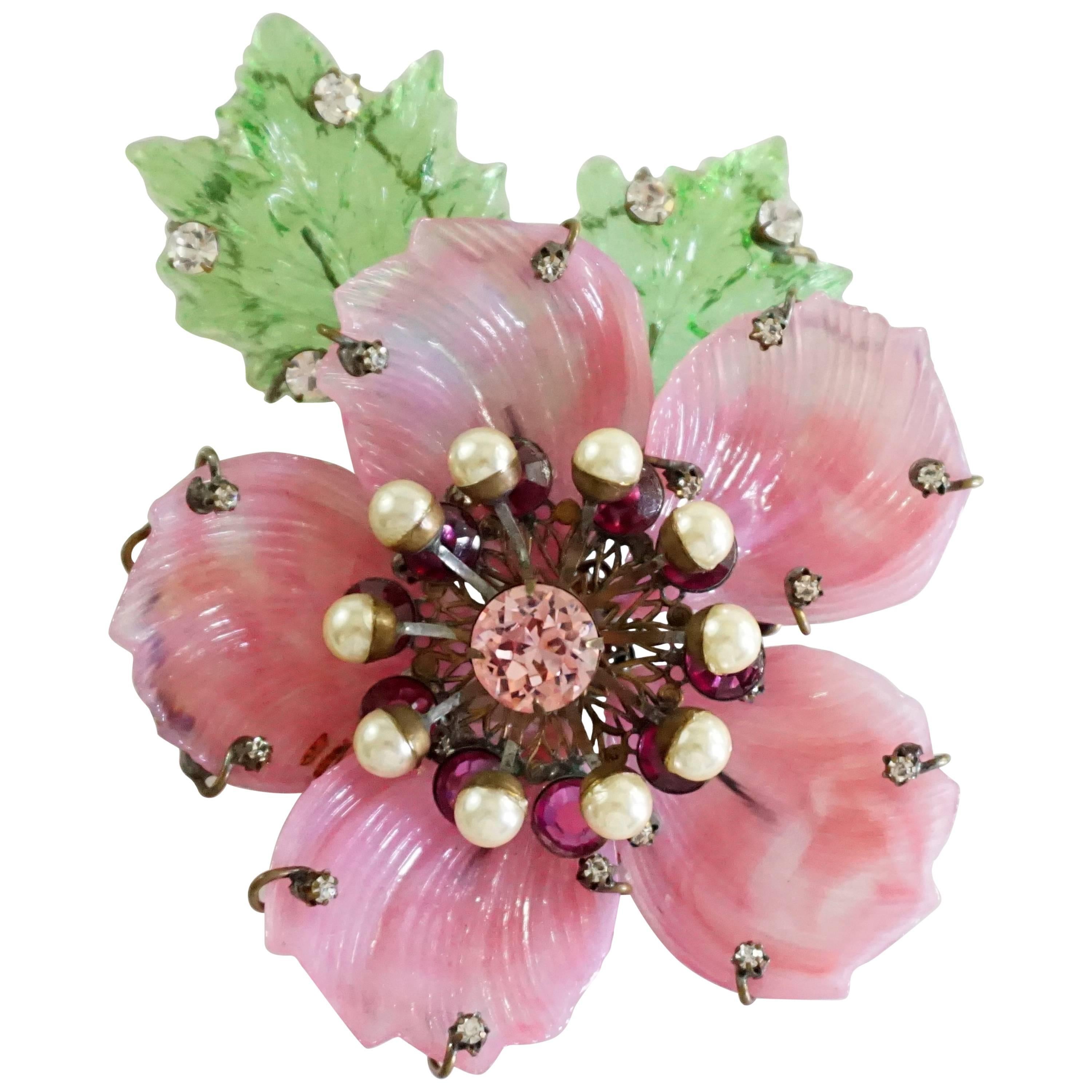 Lawrence Vrba Pink and Green Glass Flower Brooch with Rhinestones 