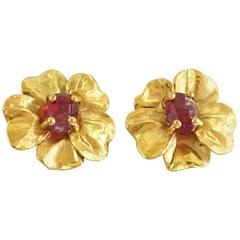 Goossens Paris Gold Flower Earrings with Red Gripoix