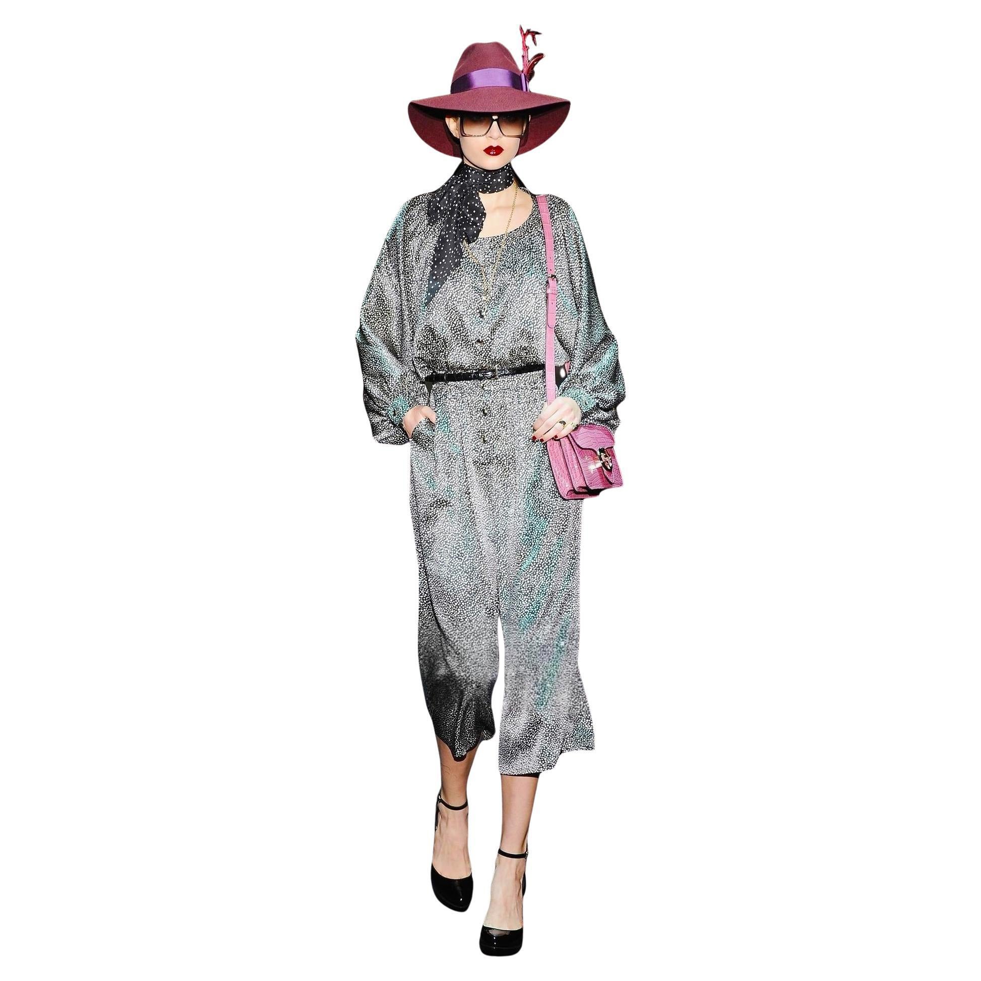 New Gucci 90th Anniversary Runway Silk JUMPSUIT 2011 Sz 38 with a 1970's Vibe