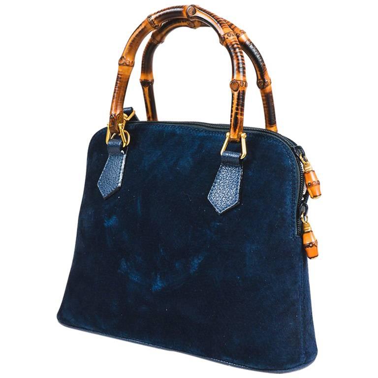 Vintage Gucci Navy Blue Suede Leather Bamboo Handle Handbag For Sale