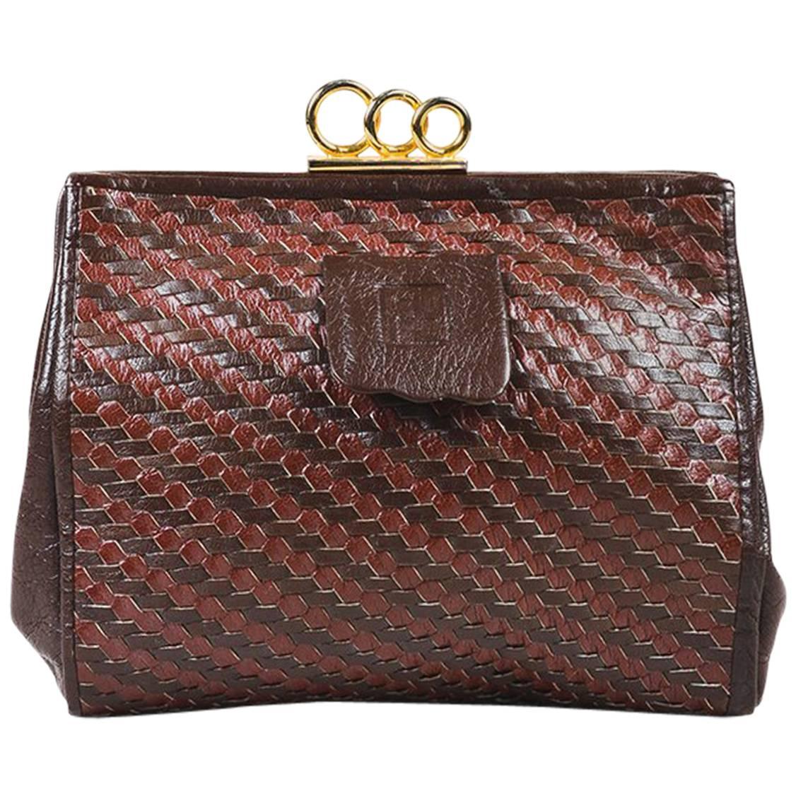 Vintage Fendi Two Tone Brown Woven Leather Ring Lock Frame Clutch Bag For Sale