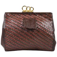 Vintage Fendi Two Tone Brown Woven Leather Ring Lock Frame Clutch Bag