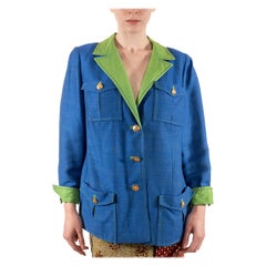 1990S Lime Green & Blue Linen Rayon Boxy Cut Nautical Blazer With Gold Buttons