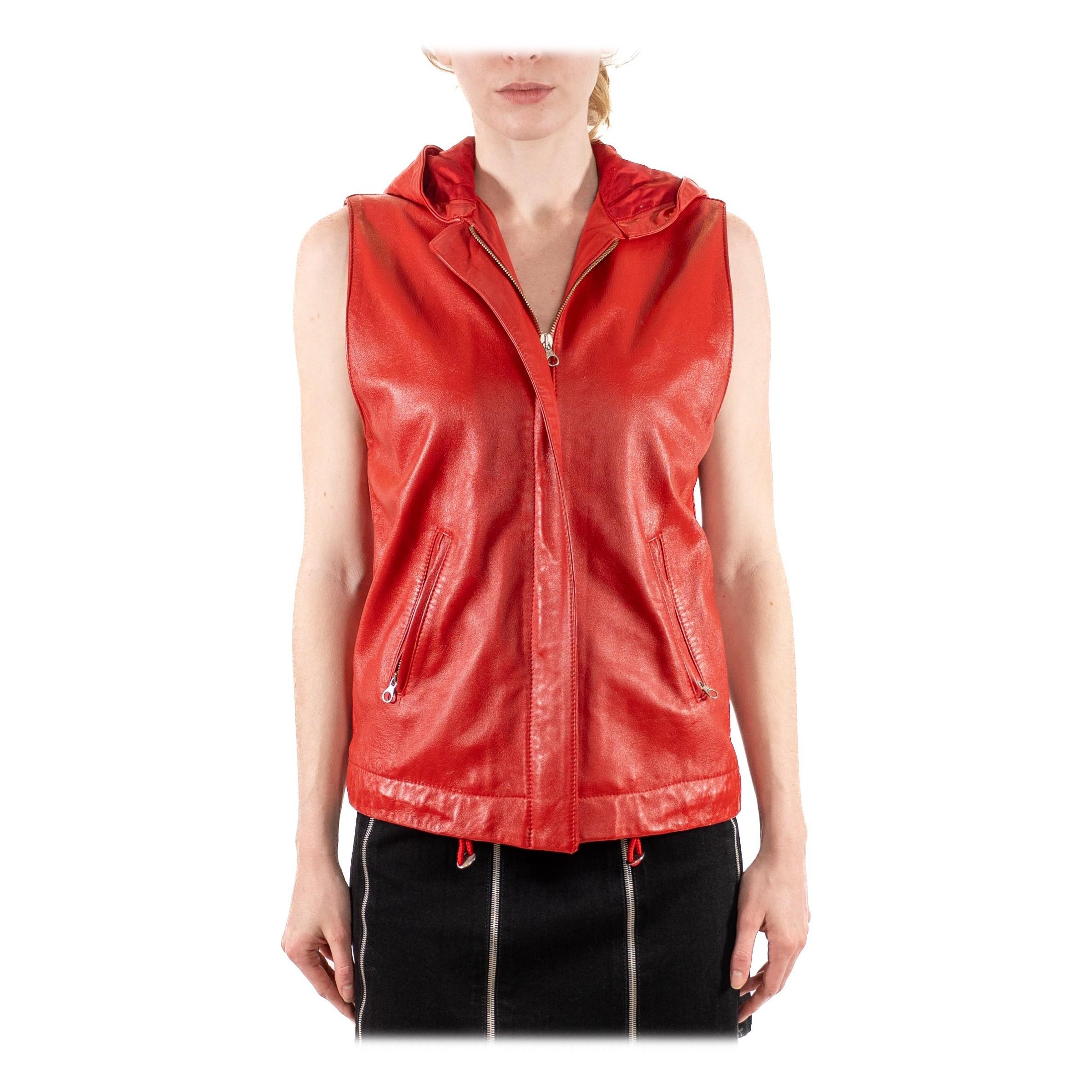 1990S Red Leather Hooded Zip Vest