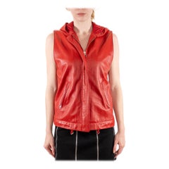1990S Red Leather Hooded Zip Vest
