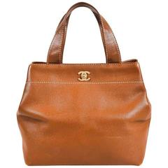 Chanel Brown Pebbled Caviar Leather 'CC' Turn Lock Top Handle Tote Bag