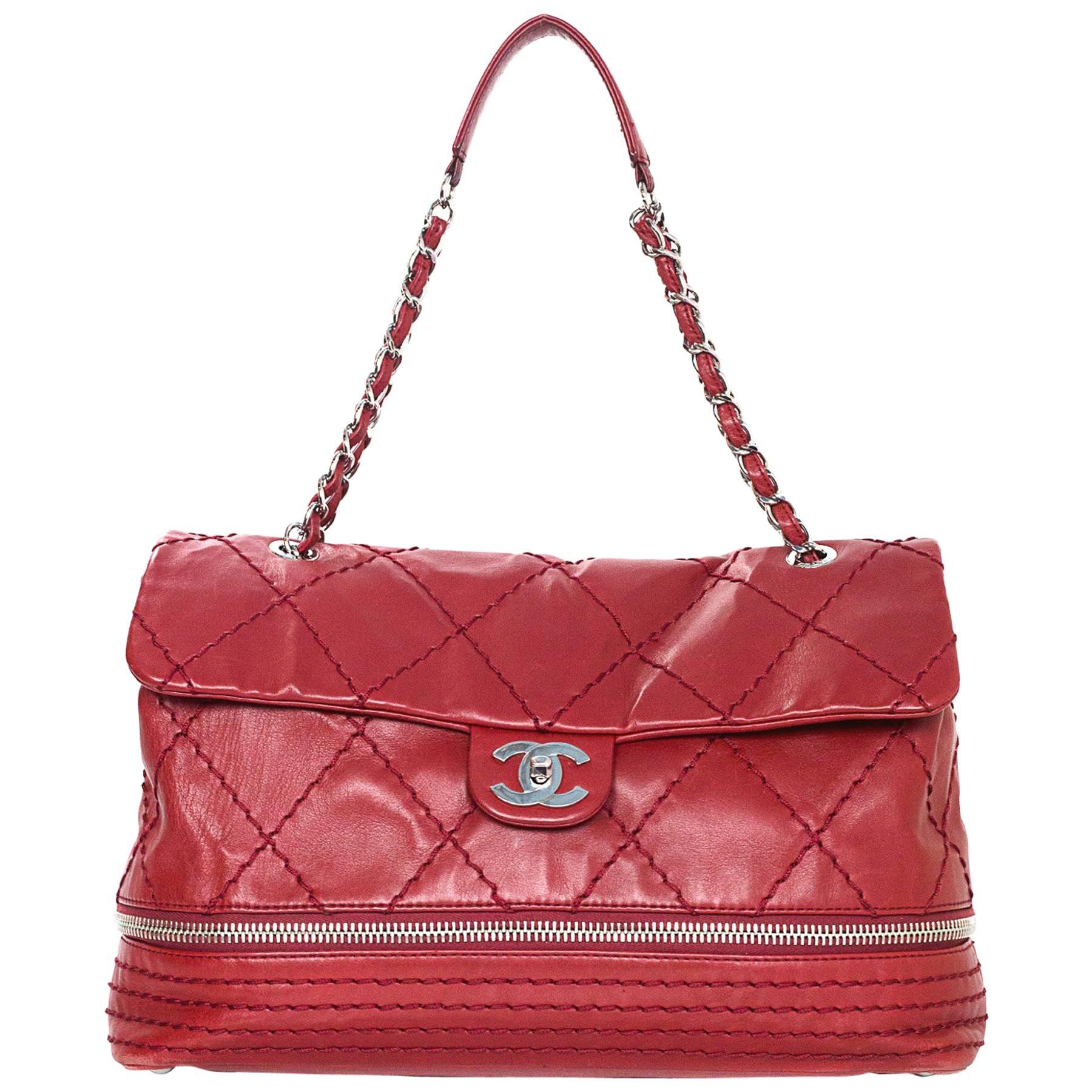 Chanel Red Expandable Ligne Quilted Zipper Flap Bag